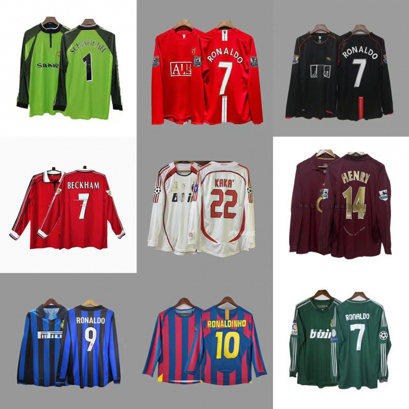 Retro long-sleeved football jerseys, classic national team shirts by Beckham, Zidane, Messi, and Cristiano Ronaldo.