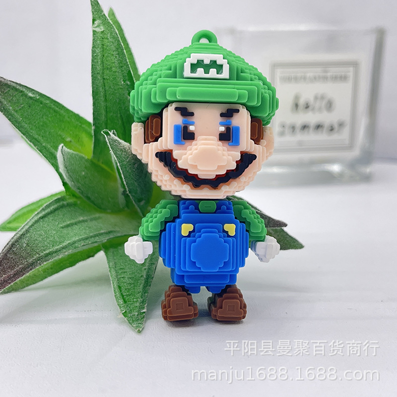 Bloques de construcción de dibujos animados lindo Mario llavero colgante bloques de construcción Super Mario pareja llavero adornos