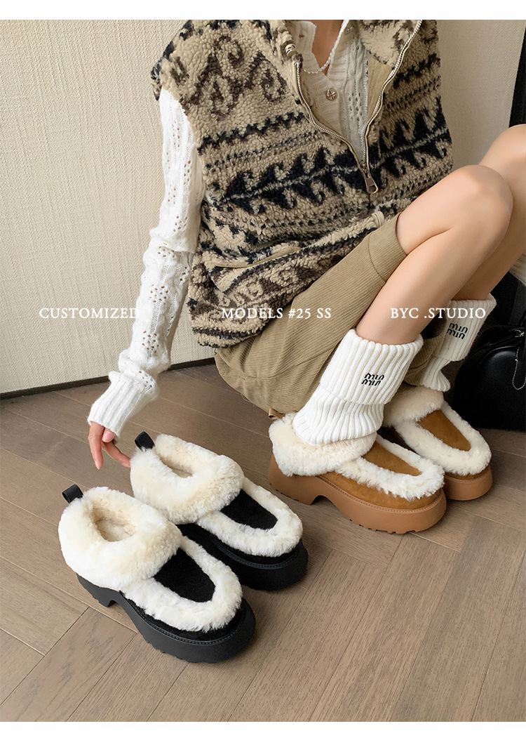 Boot tuyết nữ da cừu một mảnh gót cao lót lông dày giữ ấm — màu nâu chi tiết 22