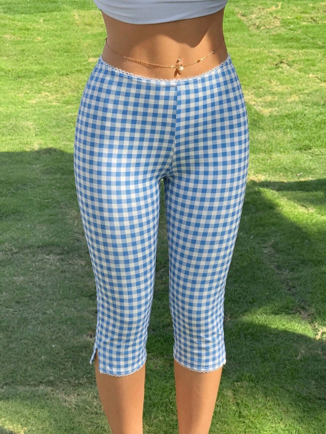 Women's Red Plaid Knit Stretch Leggings Casual Pants For Spring/Summer Style_ecoleips.com