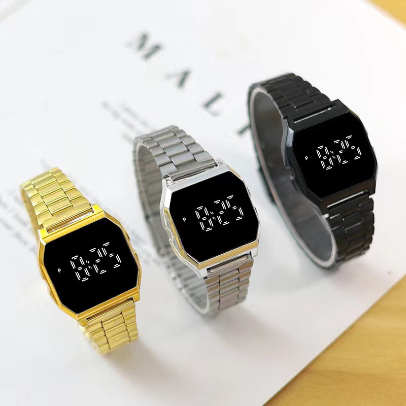 2023新款电镀壳钢带LED手表触控方形外贸时尚学生男女士电子手表
