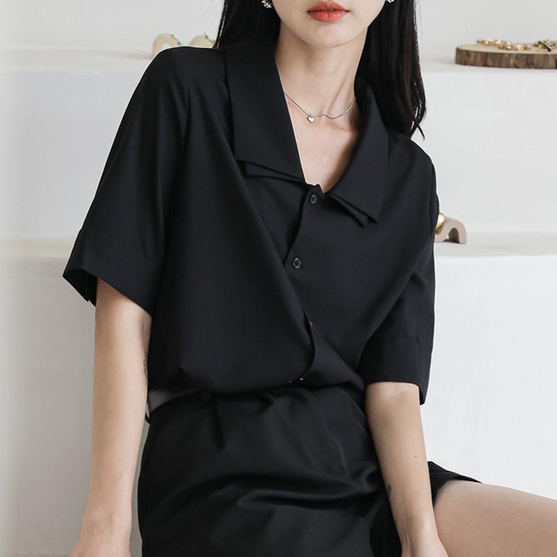 Vintage Lar Black Shirt Women's Short-sleeved Top Summer New French Elegant Thin Cardigan Design Sense Niche Vintage Lar Black Shirt Women's Short-sleeved Top Summer New French Elegant Thin Cardigan Design Sense Niche