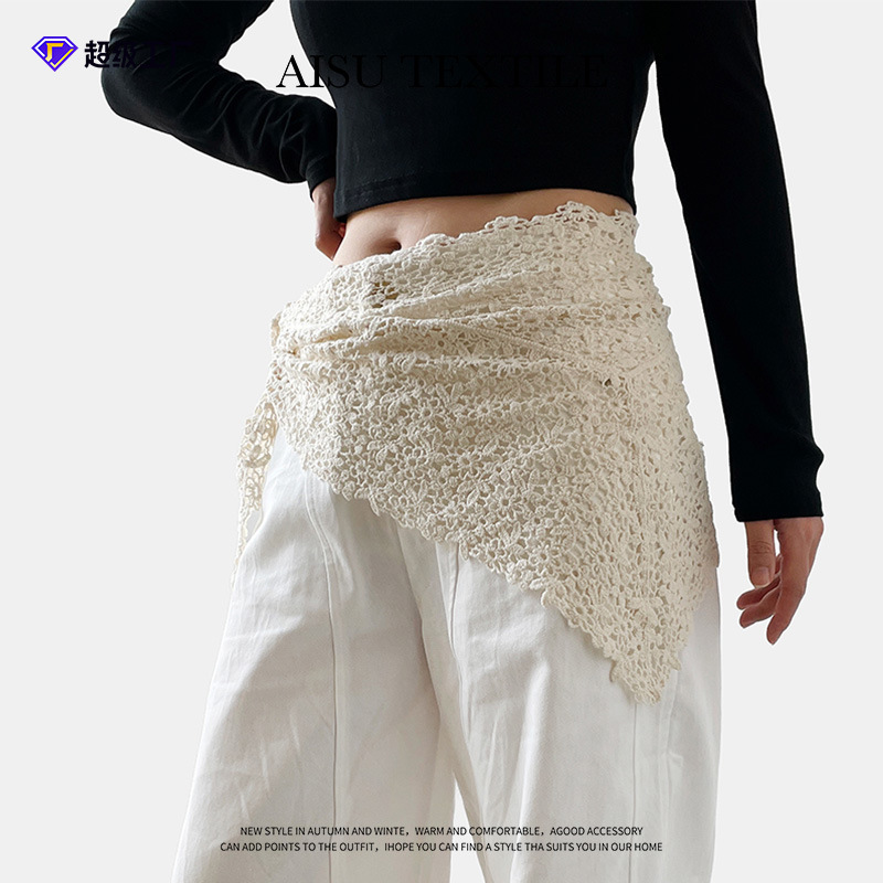 Bufanda triangular estilo ins, pañuelo en la cabeza, pañuelo en la cintura irregular, cortina de pedo, pañuelo en la cabeza de encaje con chal fino de punto hueco