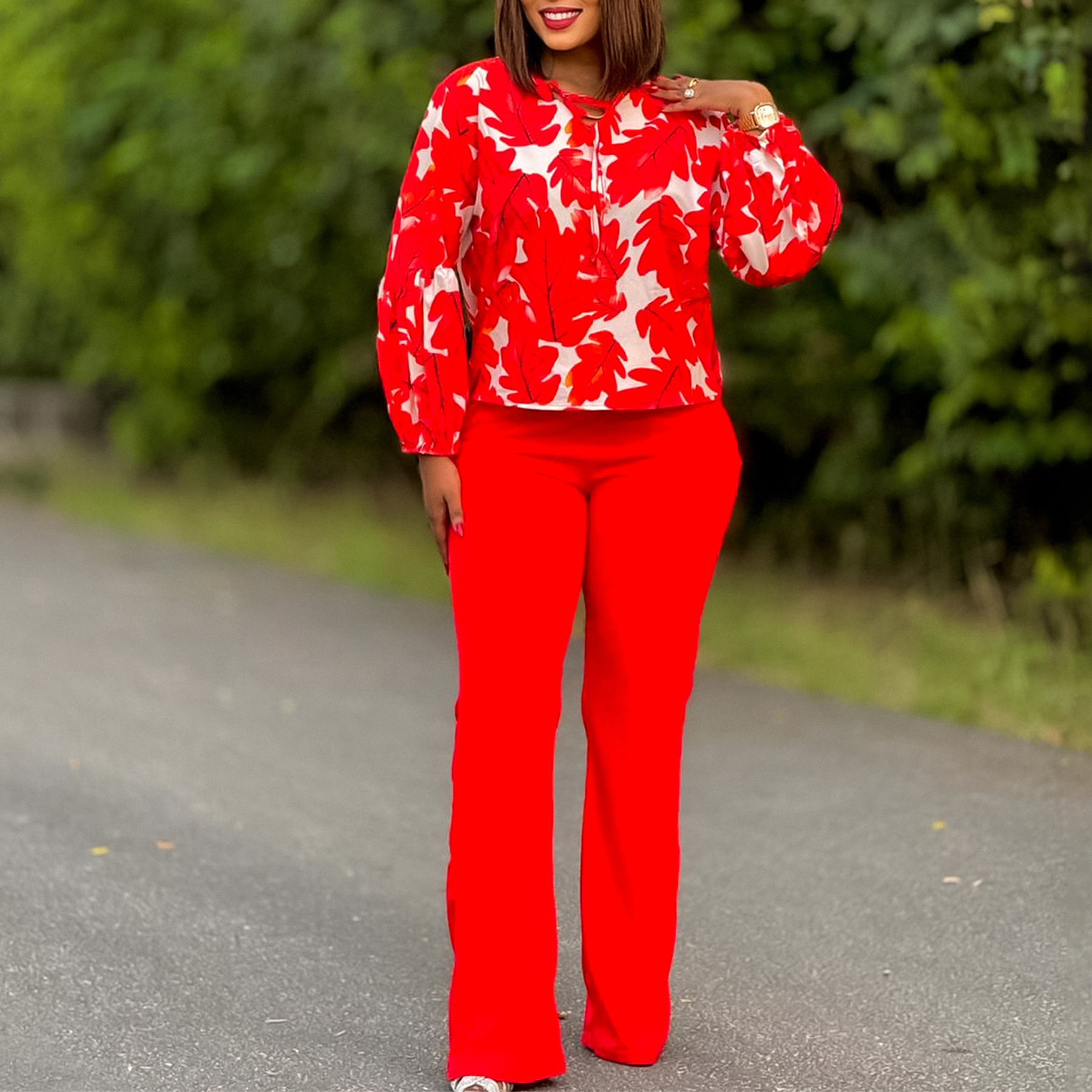 Women's Clothing D3289 women's clothing 2024 new OL fashion printed long sleeved tops wide leg pants two piece suit_voghion.com