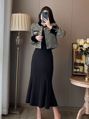 小香风套装裙两件套女春秋款法式气质名媛外套修身连衣裙鱼尾长裙