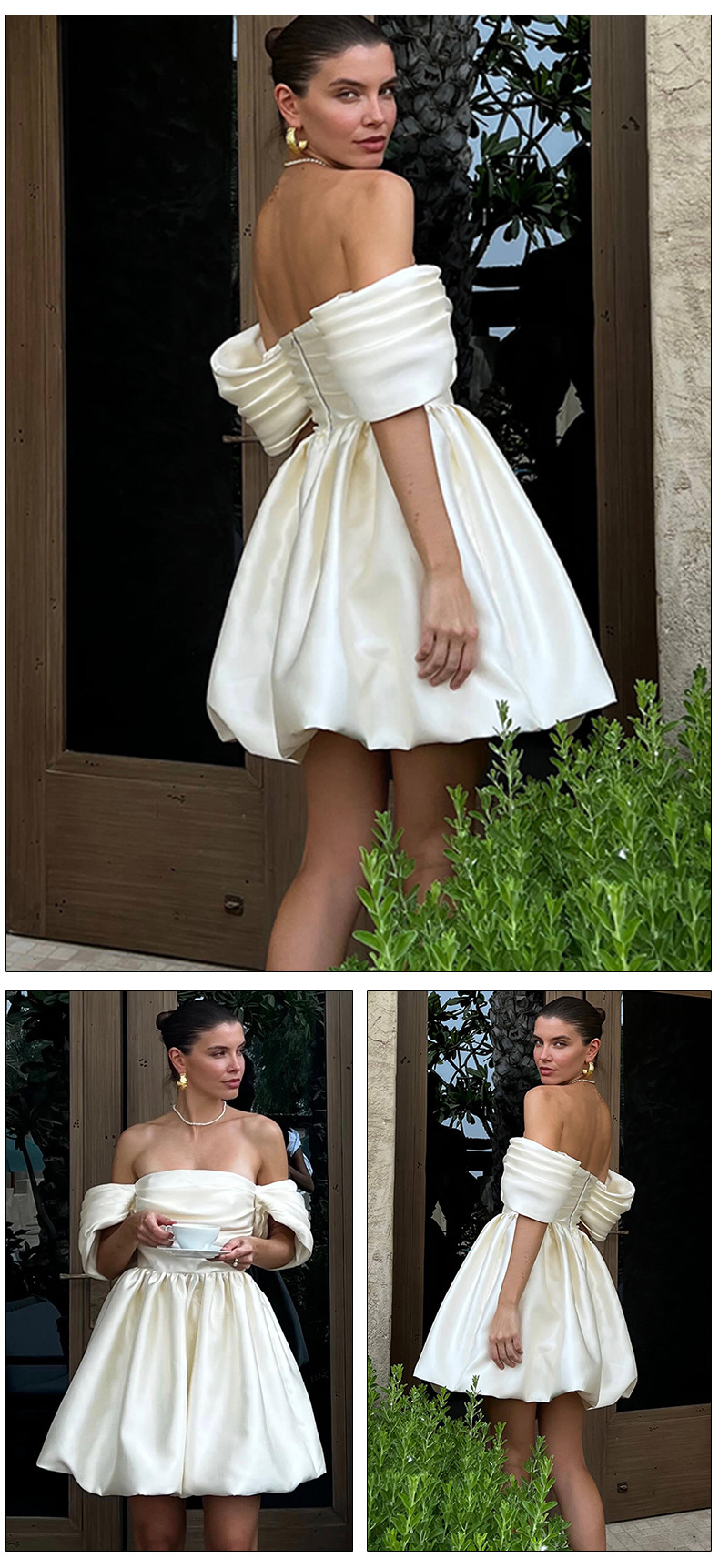 301g Weight Above Knee Dress Length Type Short Sleeve Sleeve Length Party Dress Dresses Type Polyester Fabric Type High Waist Waist Line Banquet Occasion Boat Neck Neckline Slim Fit Type Solid Color Pattern Summer Season Women's Gender Elegant Style Wholesale Women's Elegant Solid Color Banquet Boat Neck Short Sleeve Party Dress