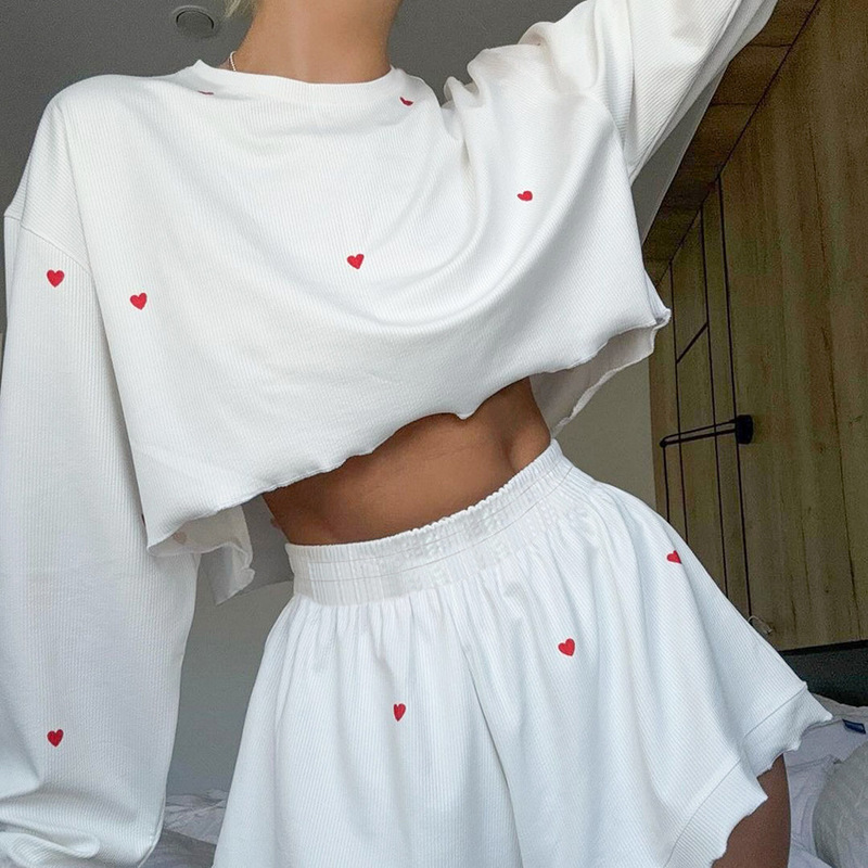 In Stock 2025 European and American Knitted Women's Home Clothes Heart Printed Long-Sleeved Shorts Loose Two-Piece Pajamas Breathable