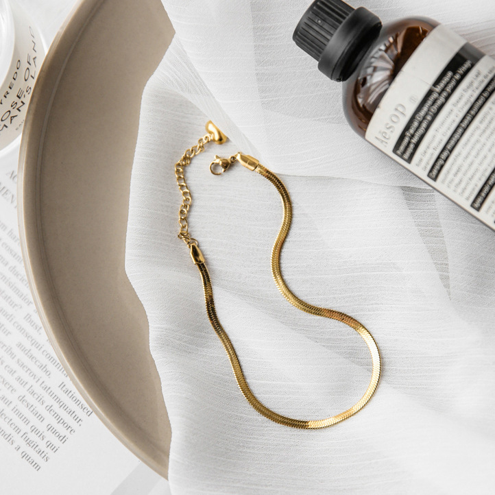 Transfronterizos Europa y América simple y exquisita cadena de hueso de serpiente versátil nueva cadena de tobillas de acero de titanio de moda femenina temperamento dorado cadena de pies de verano