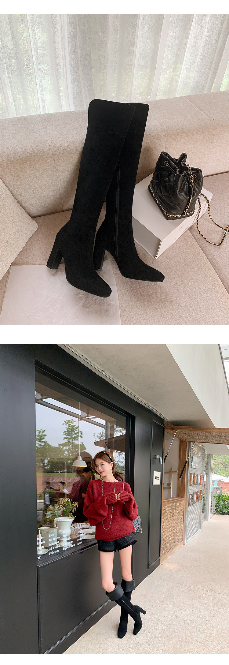 Boot nữ cổ cao quá gối mũi vuông gót thô 5 cm phong cách Hàn Quốc, có thể gập ống — Lớp lót nhung ống nhỏ màu đen 5cm chi tiết 6