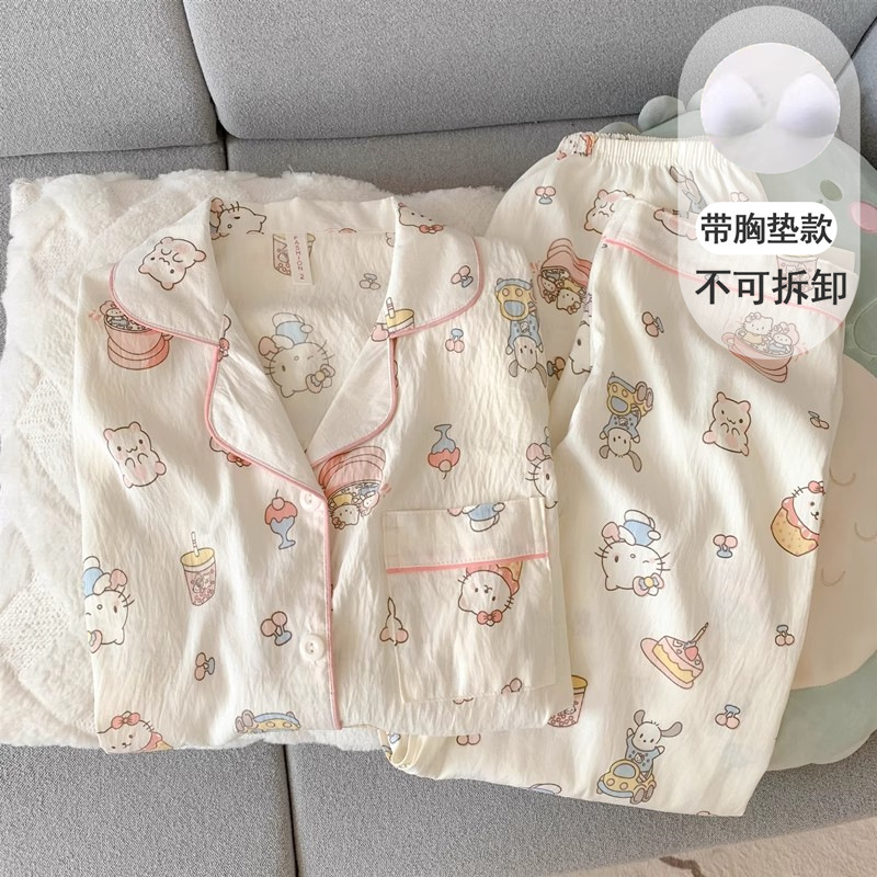 带胸垫可爱小狗云朵纯棉纱睡衣女款春秋季长袖学生少女家居服夏天|undefined
