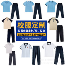 中小学生校服定制棉质浅蓝POLO衫初中高中生短袖运动套装班服夏季