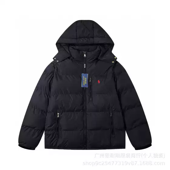 25 New Winter High Version Rl Horse Label Embroider Detachable Hat Ultra-Thick down Jacket Windproof and Waterproof Cotton Jacket for Men and Women