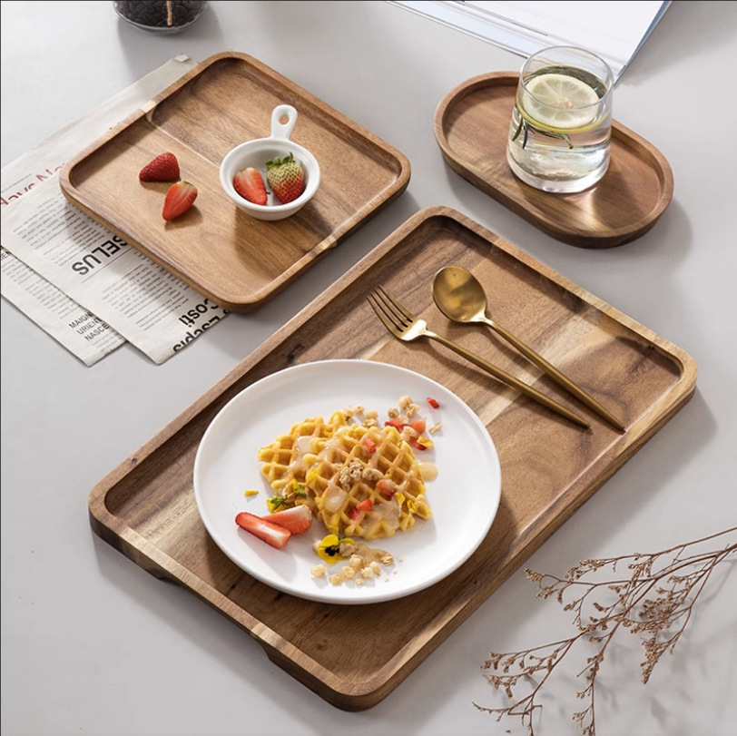 Bandeja rectangular de madera maciza de acacia, bandeja redonda, bandeja de té japonesa, plato para huesos, bandeja para postres y frutas, plato de madera para pasteles.
