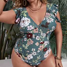 2025欧美外贸大码肥婆胖妹印花连体飞边露背性感时尚遮肚显瘦泳衣