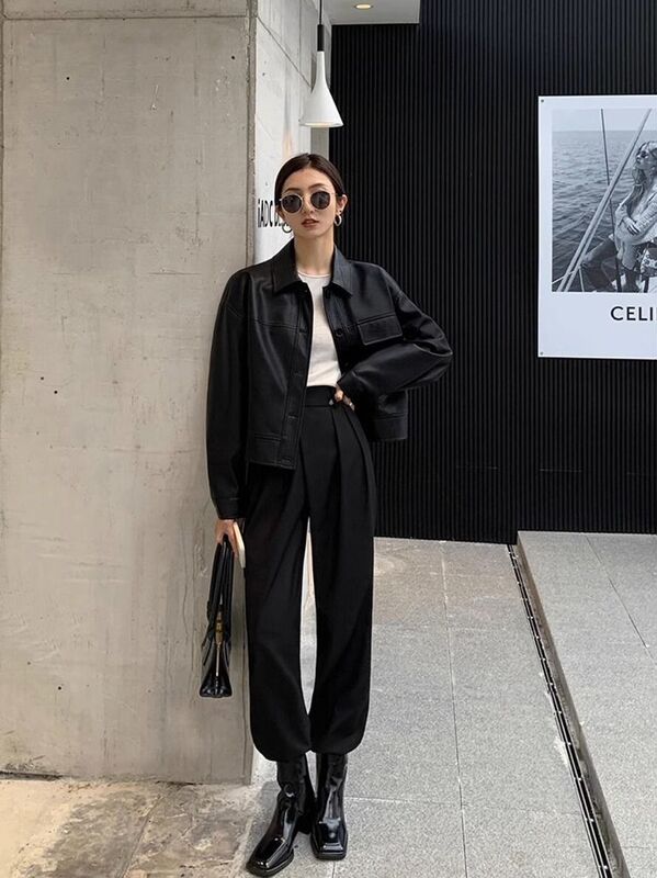 黑色短款pu小皮衣外套女2025年秋季新款韩版时尚复古咖色夹克上衣|undefined