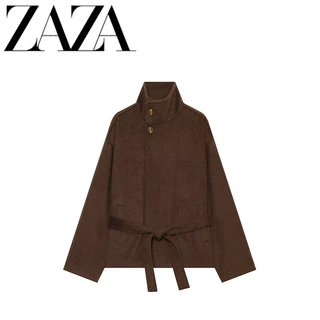 ZAZA 自制欧美风 批发女装时尚百搭气质休闲复古立领毛呢腰带外套
