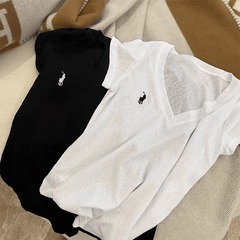 正肩短袖T恤女2025新款小马标v领宽松白色夏季雪花棉上衣透感潮流