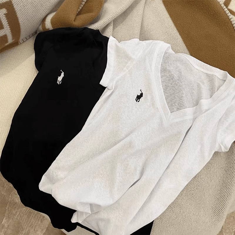 Women's Short-Sleeve T-Shirt with V-Neck, Loose Fit, White Summer Snowflake Cotton Top, Trendy and Breathable, 2026 New Model with Small Horse Logo
