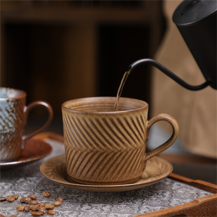 Ceramic Coffee Cup Set Wabi-sabi Style Japanese Embossed Ceramic_voghion.com