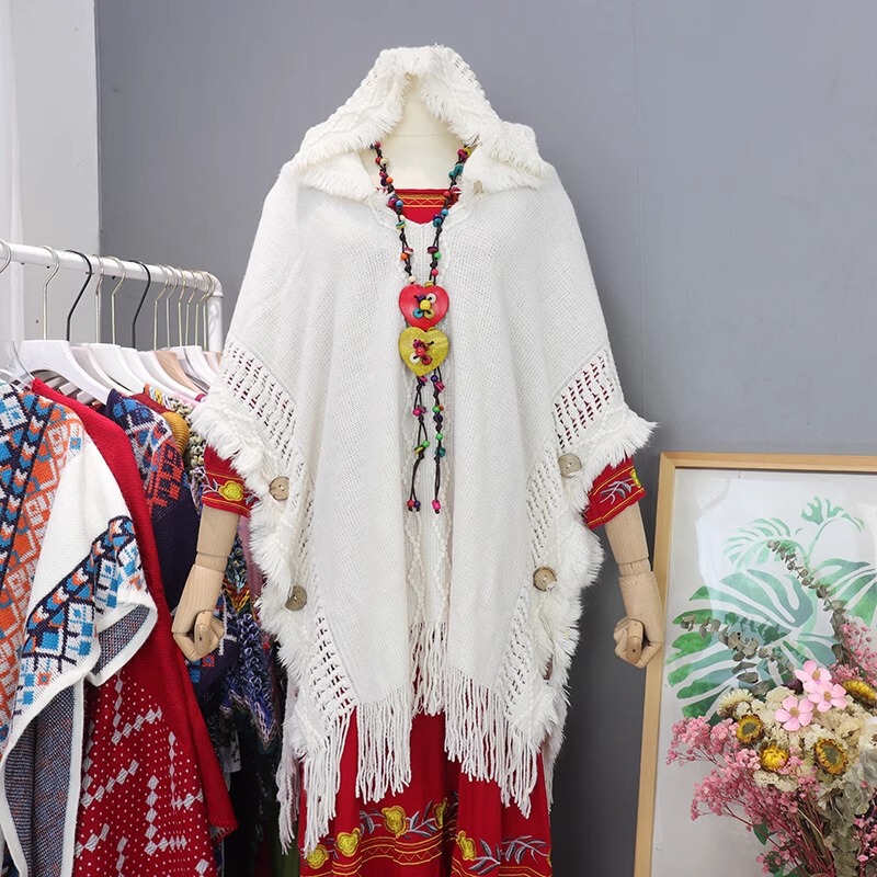 Ethnic Style Shawl Tassel Sweater Knitted Sweater Hooded Cloak Lijiang Sichuan Grassland Travel Versatile Cloak Wholesale