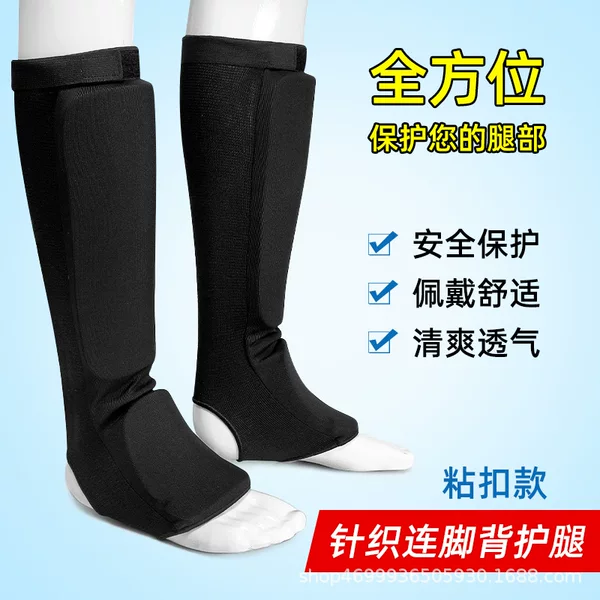 Boxing Karate Protective Gear Leg Guards with Hook and Loop Fasteners Shin Guards Cotton MMA Fighting and Sanda Calf Protection Black White