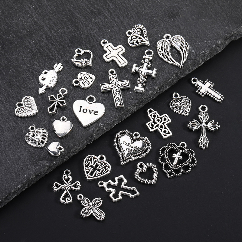 Ancient Silver Alloy Pendant Cross Peach Heart Cut Out Heart Small Pendant DIY Jewelry Accessories Necklace Bracelet Accessories