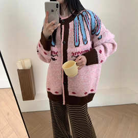 2025秋冬新款复古费尔岛提花针织开衫女高级感宽松大码毛衣外套潮