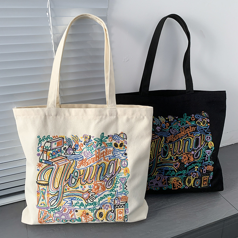 New Embroidered Canvas Bag Women's Single Shoulder College Student Class Handheld Canvas Bag Japanese and Korean Art Ins Shopping Bag