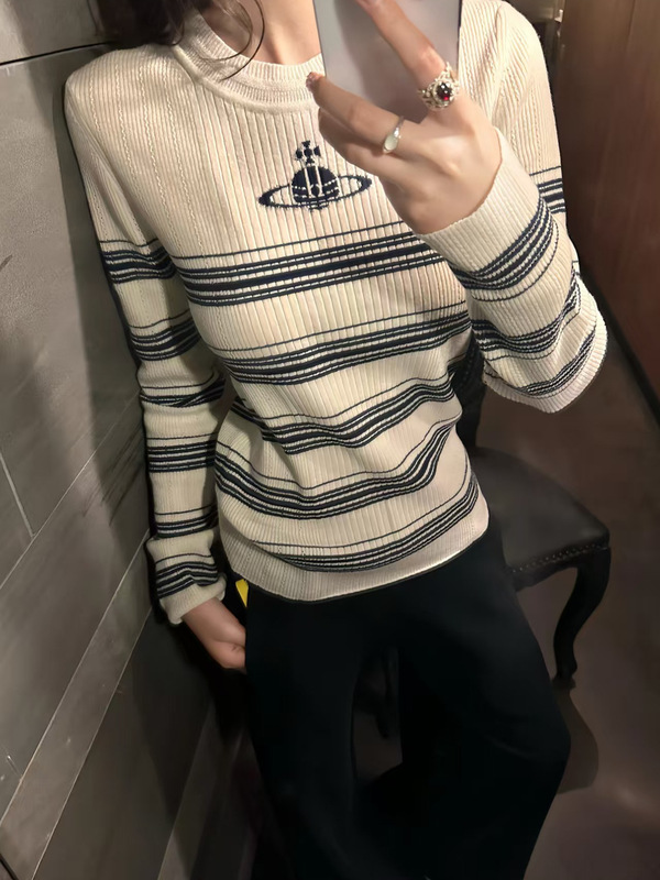 高品质~西太小土星条纹长袖圆领针织衫女新款简约百搭打底衫毛衣|undefined