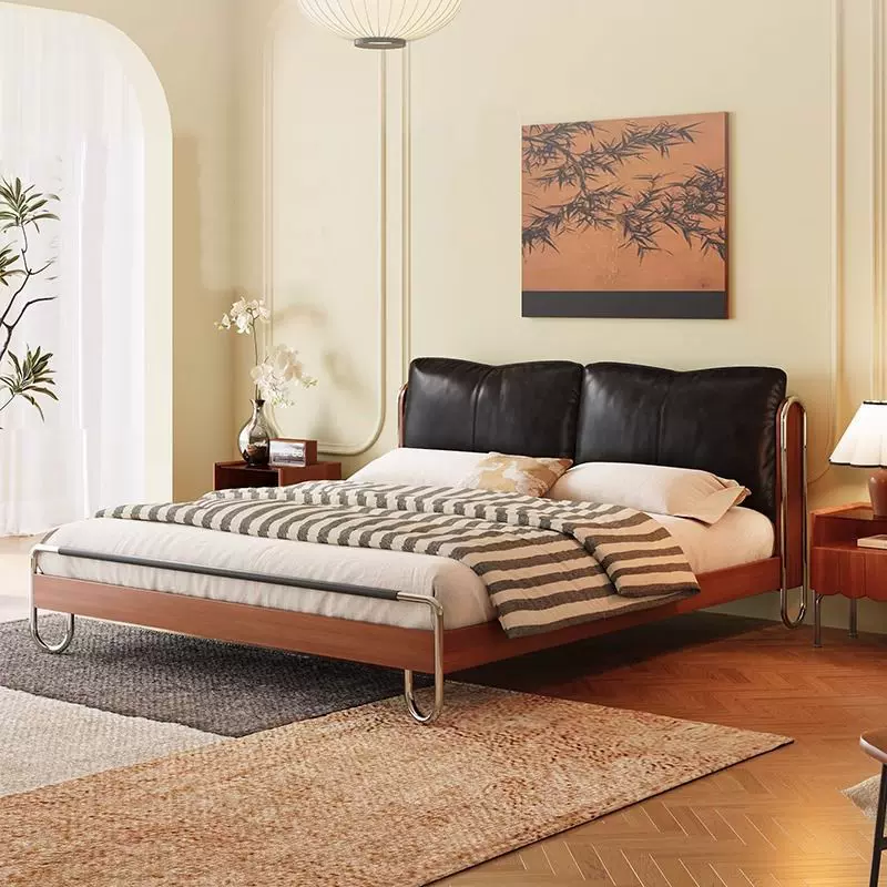 流影床中古风黑色真皮实木家用包豪斯小户型主卧法式复古软包床