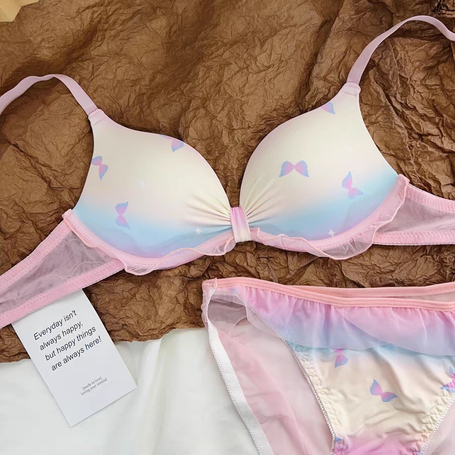 Gradient Color-Changing Traceless Rims-Free Underwear Women's Small Chest Push-up Collapsed Cleat Anti-Sagging Lace Edge Bra suit