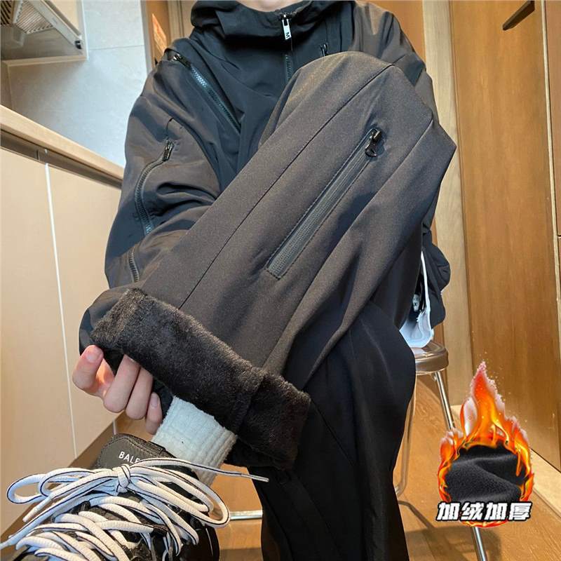 Waterproof Fleece-Lined Thickened Functional Outdoor Pants for Autumn and Winter, American-Style Hiking Workwear Pants, Loose Casual Long Pants
