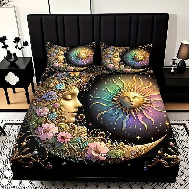 TEMU / JIT Transfronterizo Sol, Luna, Estrella y Río Patrón Temático 3D Impresión Digital Cama Kasama Kit de ropa de cama