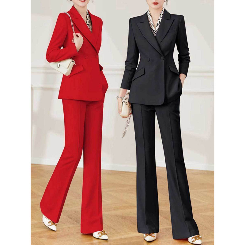 2609 Plus-Size Women's New High-End Red Suit Set with Flared Pants, Two-Piece Business Attire Formal Wear