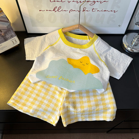 Children's Summer Home Clothes Set, Boy's Color-Blocked Cloud Cotton Pajamas, Baby Girl's Short-Sleeved Shorts, Thin Air-Conditioned Clothes