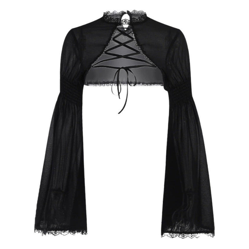 JY23038 Европейская и американская модная вечеринка тонкий расклешенный дизайн Топ Женская темная Готическая кружевная блузка с бантом