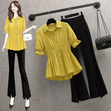 超大码女装单/套装大码胖mm时尚裤Polo领收腰显瘦衬衫微喇叭裤