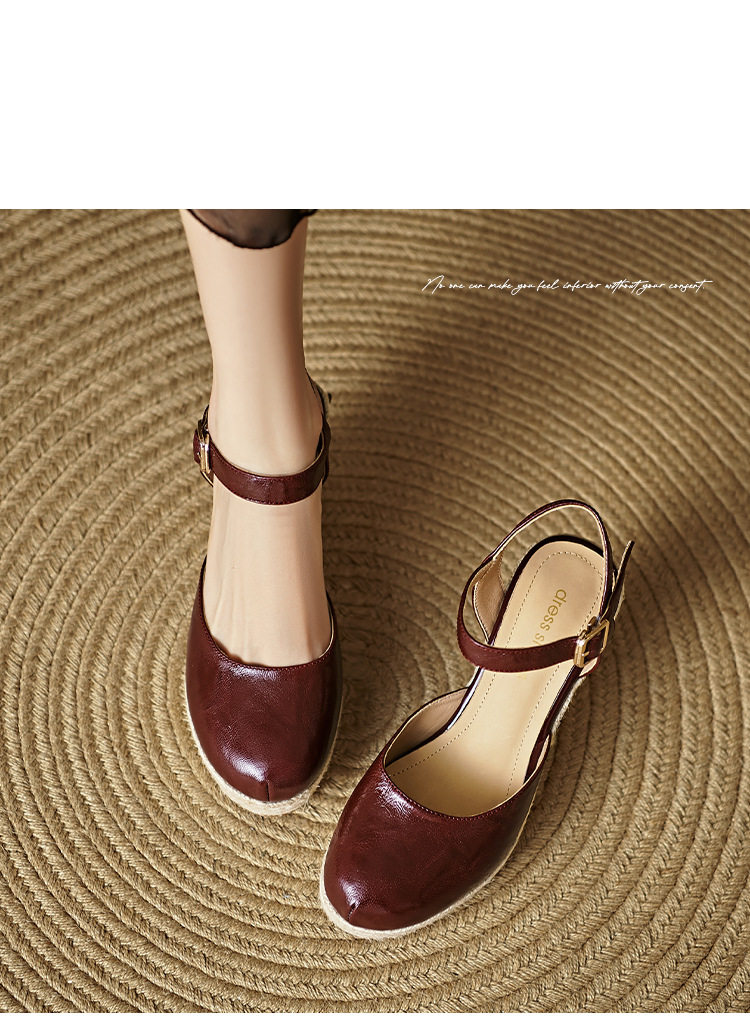 Sandal cao gót nữ quai ngang đế xuồng đan rơm, gót 9 cm — Rượu vang đỏ, màu trắng ngà chi tiết 13