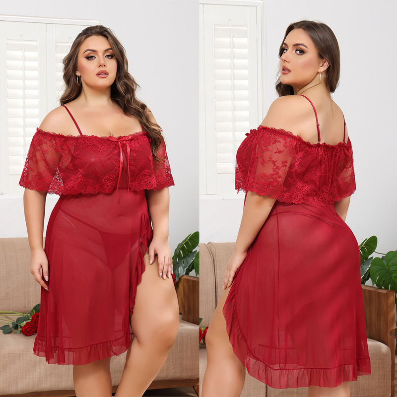 European and American chubby girl foreign trade sexy lingerie see-through strap off-shoulder pajamas suit sexy transparent lace dress 7664