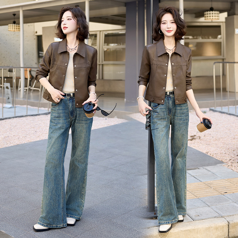 High-End Sheepskin Leather Jacket for Women 2025 New Fashion Lapel Petite Biker Jacket for Women Slimming Look and Taller Jacket