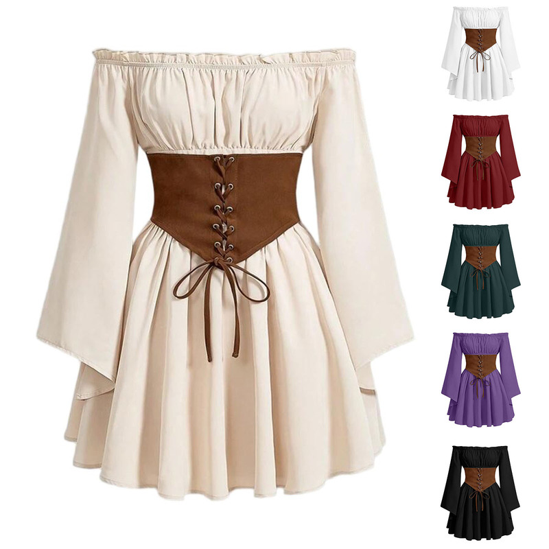 Cross-Border New European and American Trumpet Sleeve Long-Sleeved Medieval Renaissance Dress Spliced Long Skirt Dropshipping Cross-Border New European and American Trumpet Sleeve Long-Sleeved Medieval Renaissance Dress Spliced Long Skirt Dropshipping