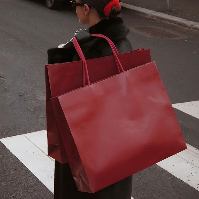 现货ins服装店化妆品红色购物袋加厚纸袋礼品袋高级感手提袋