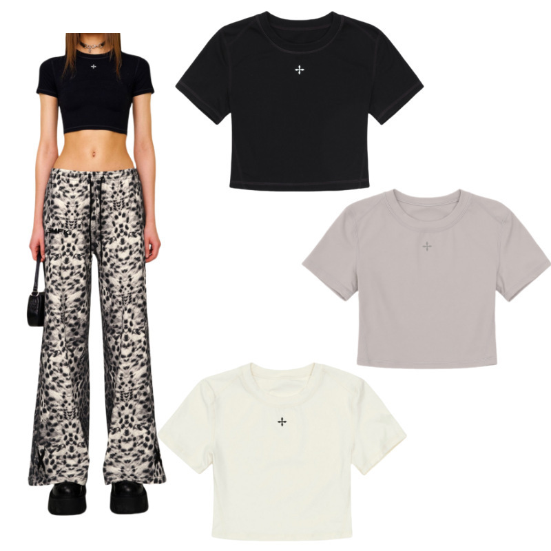 Smfk Body Shaping Skin Short Tee with Exposed Waist Ultra-Thin Skin-Friendly Tight Black and White T-Shirt