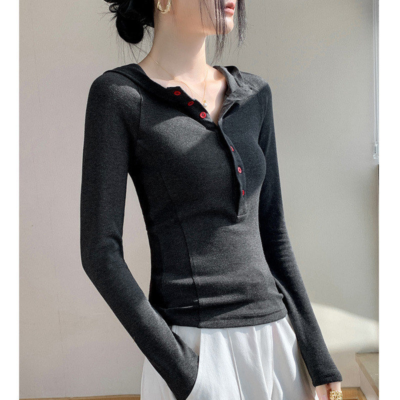 春秋连帽T恤上衣女纽扣小衫2025新款秋季设计感修身打底衫可外穿|undefined
