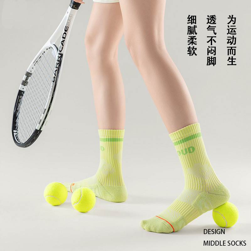Zhuji Socks Women's Sports Socks Tennis Mid-Tube Striped Lettering Professional Badminton Casual Versatile Cotton