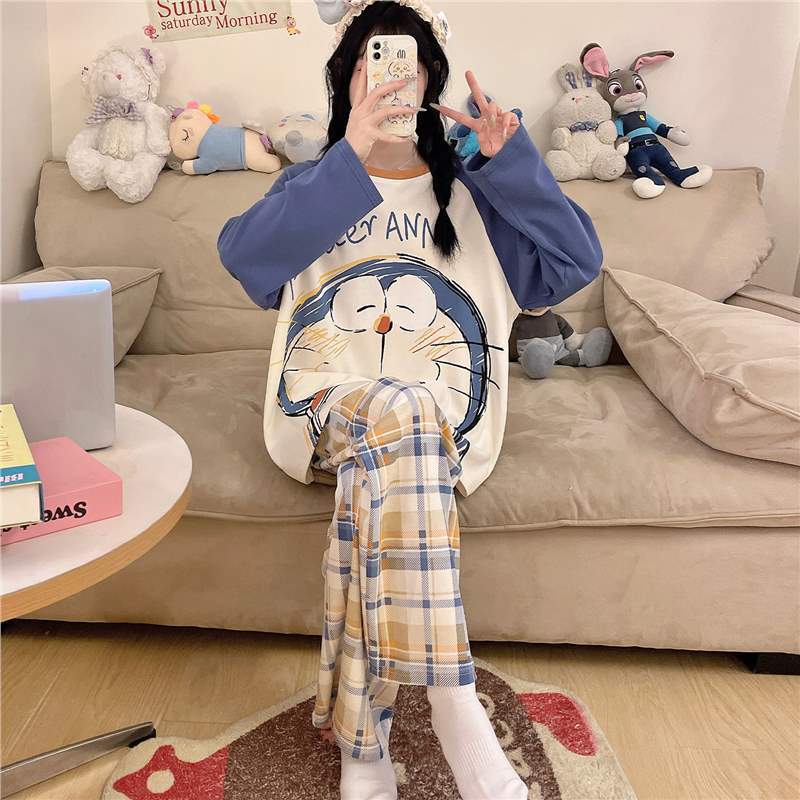 哆啦A梦纯棉睡衣少女款春秋季长袖卡通可爱学生加大码胖mm家居服