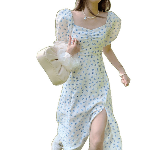 French floral dress for children, summer 2025, petite size, waist-cinching, stylish short-sleeved, slimming, medium-length dress, trendy