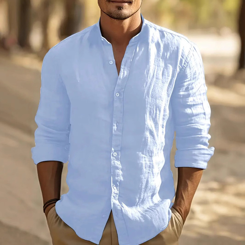 Cross-border Men's Linen Button-Up Shirt Summer Beach Shirt Long-sleeved Plain Collar Spring and Summer Casual Daily Clothing