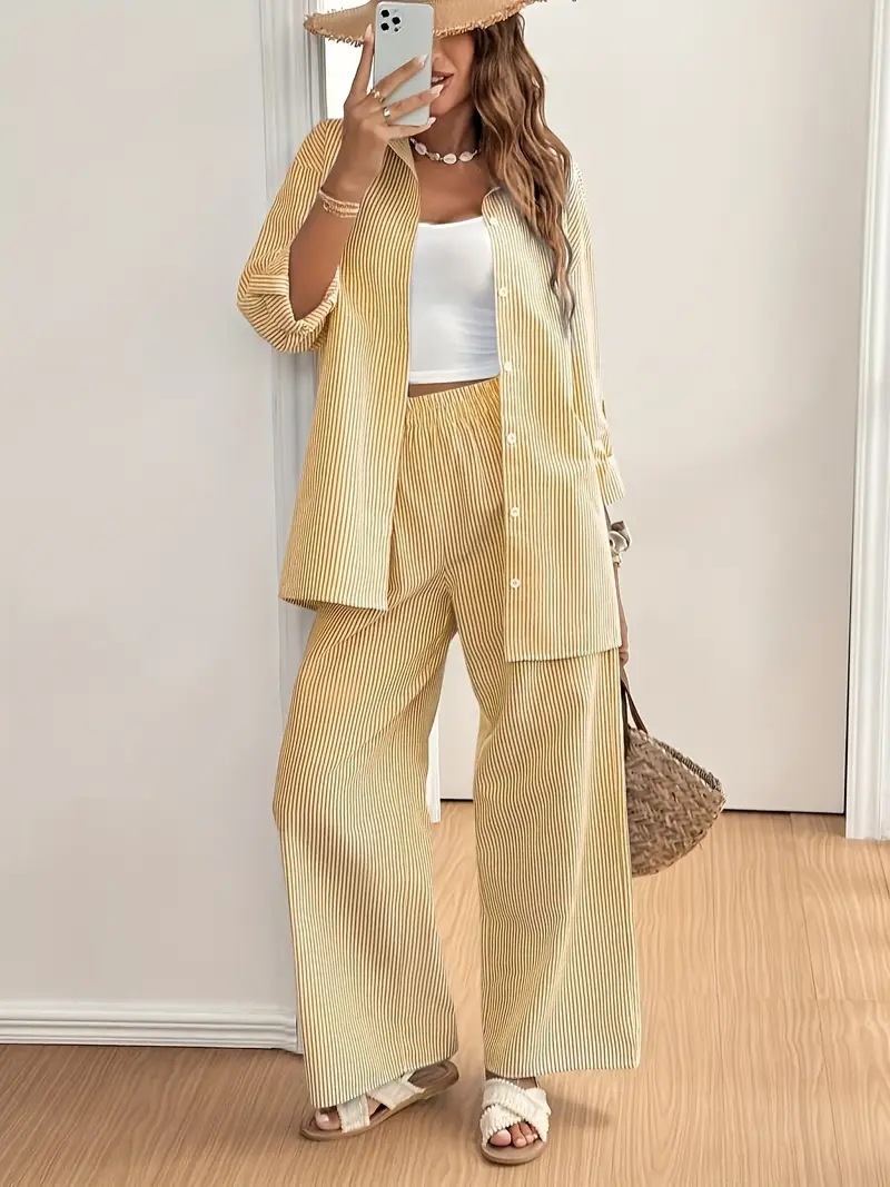 Women's Clothing Elegant Casual Striped Shirt And Straight Leg Trousers Two Piece Set_ecoleips.com