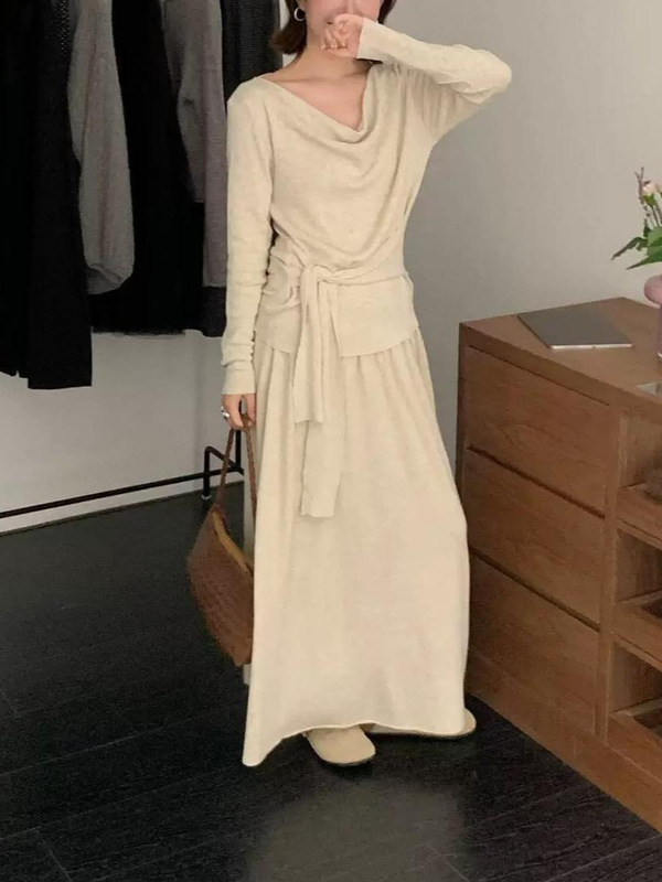 韩系设计感荡领腰带针织衫裙套装女秋新款收腰褶皱绑带上衣潮长裙|undefined
